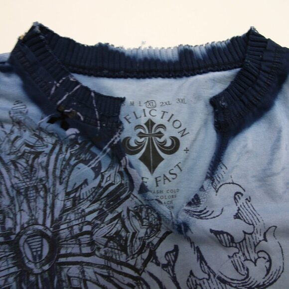 Affliction T-Shirt XL Blue Dye V Neck Ribbed Felt Detail Cross Cyber Goth Grunge - Picture 10 of 16